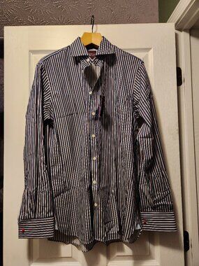 sartorial men's new navy 100%cotton casual shirt with french cuffs  size: 16